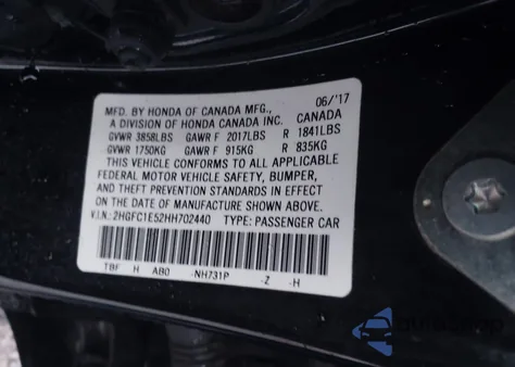 2017 Honda Civic Si z USA, uszkodzony, nr VIN 2HGFC1E52HH702440